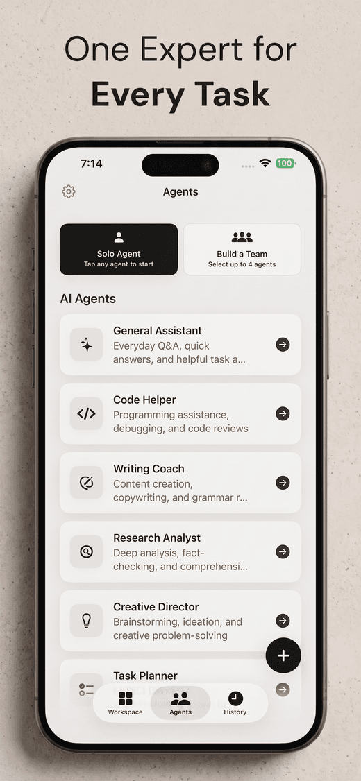 Agentic AI app — the experts list: one specialist agent for every task, solo or as a team